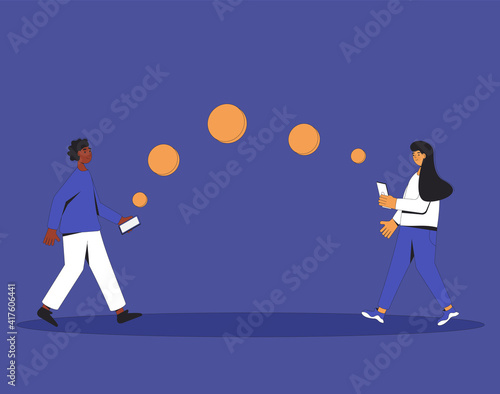 Online payment concept. Secure mobile pay. Characters with phones transfer a money each other. Vector line art illustration.