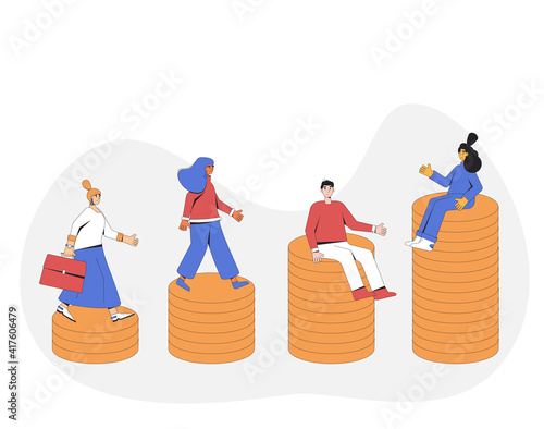 Return on investment concept. Business growth. Income. People with money. Different characters sitting and standing on stack of coins. Vector line art illustration.