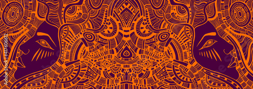 Psychedelic colorful fantasy kaleidoscope girls. Orange outline color, isolated on dark burgundy.