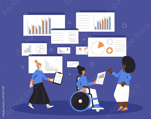 Female data scientists. Business analysis concept. Multicultural team with schemes and diagrams.  Financial researchers. Vector line art illustration.