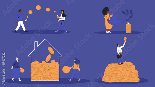 Financial income and profit set. Different characters with money scenes. Family budget, inestor, stratuper, payment transaction, pension funds. People with coins. Vector illustration.