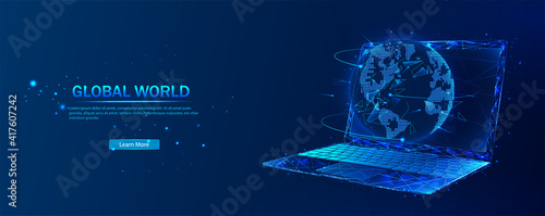 Global World. Planet Earth concept on laptop screen. Vector low poly wireframe in the form of starry sky, consisting of points, lines, and shapes in the form of stars. Vector networking concept.