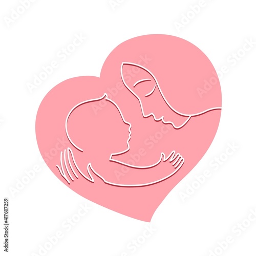 Cut out style. Illustration for a logo, mother with a baby in her arms. Heart shaped frame. 