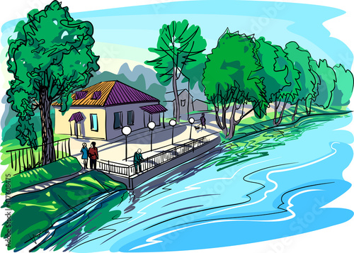 Town embankment on a summer day
