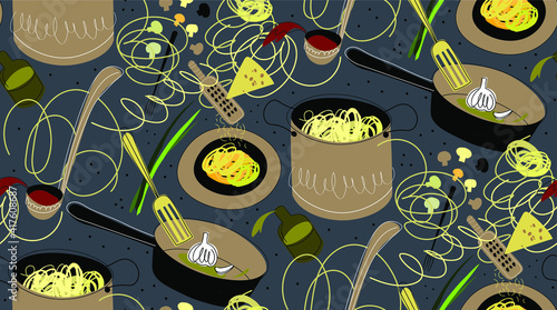 vector food illustration of pasta. italian cuisine clipart, noodles seamless pattern. traditional italian dish sketch. italian restaurant, cafe, diner menu, signboard or advertising