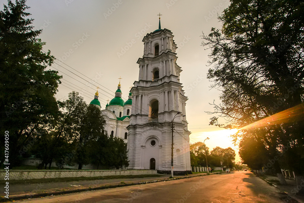 Orthodox Cathedral of the Nativity of the Virgin in the Ukrainian Baroque style in Kozelets, Chernihiv region, Ukraine. Orthodox Cathedral of the Nativity of the Virgin in the Ukrainian Baroque style in Kozelets, Chernihiv region, Ukraine.