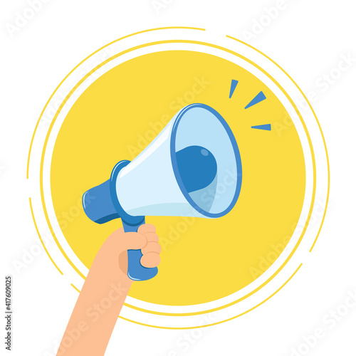 person with megaphone, hand holding speakerphone, Speakerphone for news and advertisement concept.