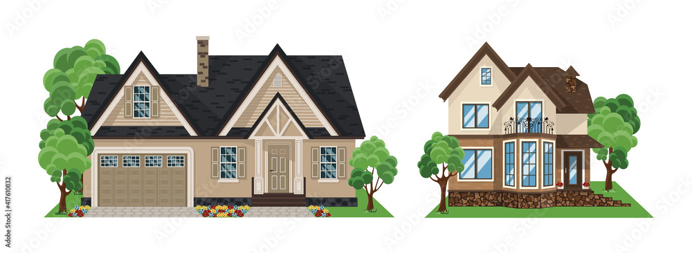 Suburban Family House Set. Exterior and constructions facade concept. House front cartoon vector illustrations