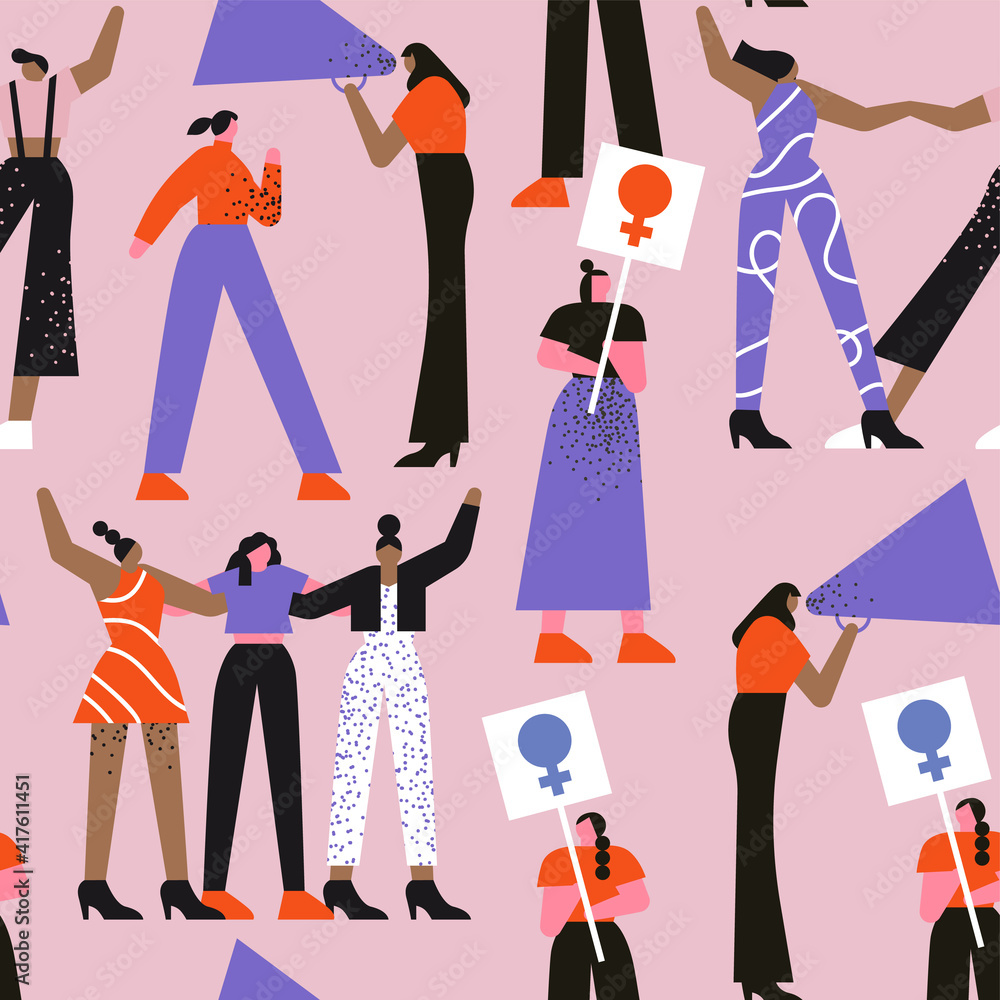 Diverse women's day parade seamless pattern