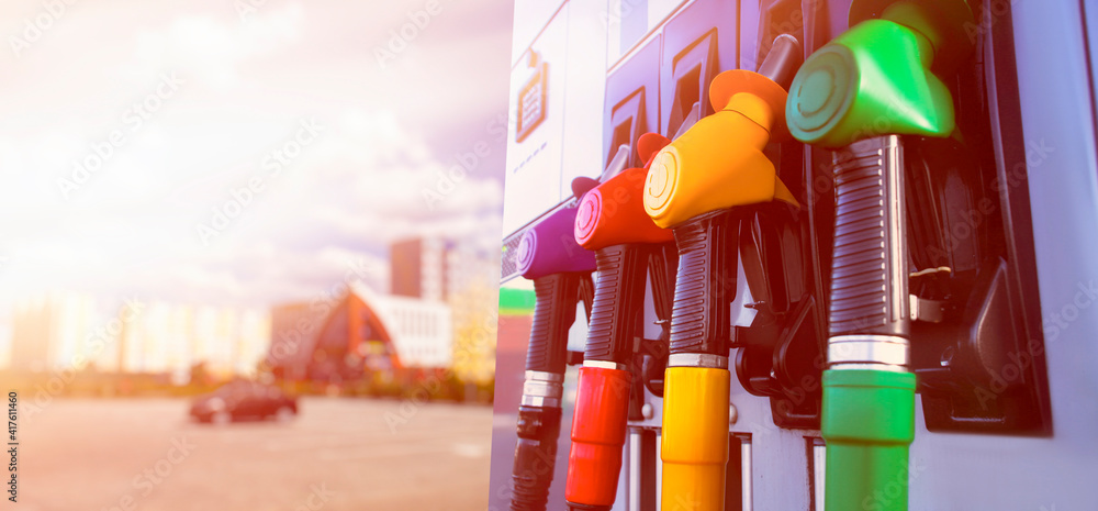 custom made wallpaper toronto digitalGas station for a car. Column with fuel pistols close-up with lights effects. Long banner with white background.