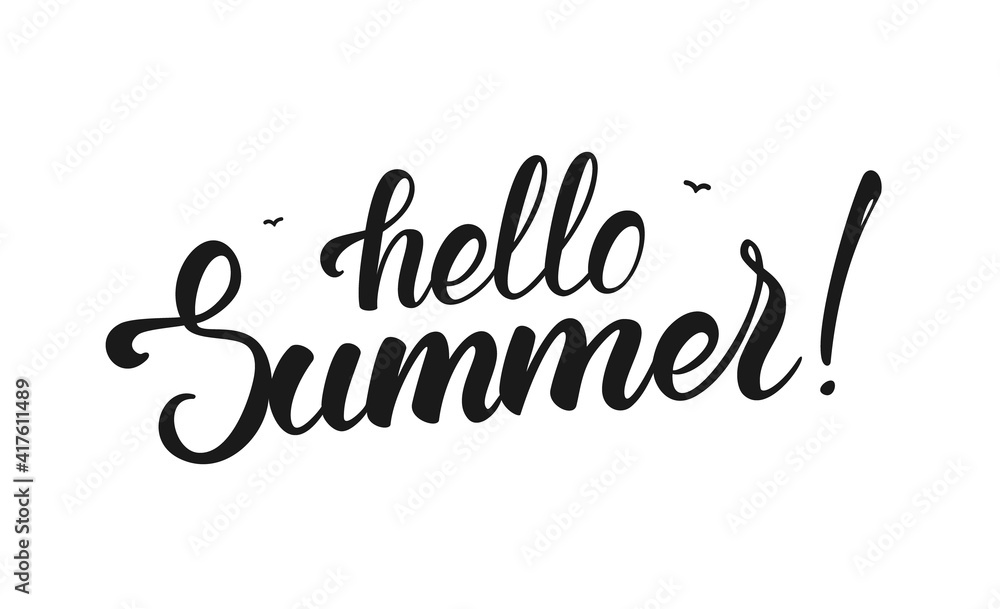 Brush lettering of Hello Summer with birds isolated on white background.