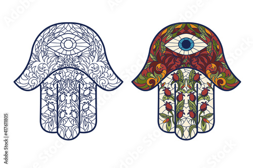 Traditional Oriental or Indian amulet of symbol of good luck and happiness Hamsa, hand of David, with stained glass or mosaic ornaments. Clipping kit and coloring book. Isolated vector illustration