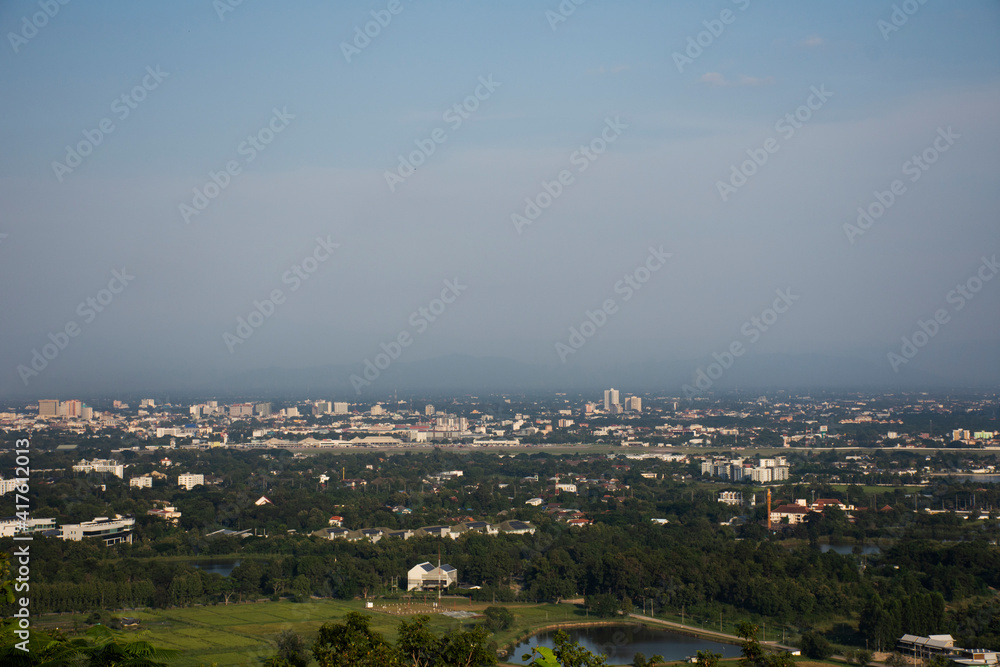Aerial view landscape cityscape of Mae Hia city and Chiangmai capital from Wat Phra That Doi Kham or Temple of the Golden Mountain in Chiang Mai, Thailand