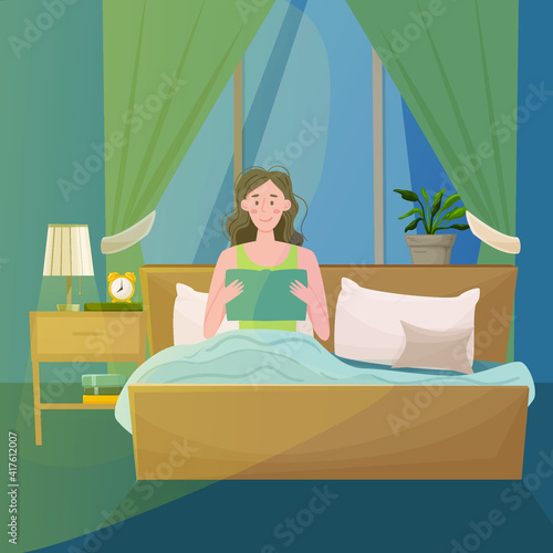 Woman reads a book in the bedroom before bed vector. Bedroom interior attributes, bed, bedside table, window. Character lady leisure and leisure time flat cartoon illustration