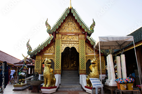 Ordination hall church or ubosot of Wat Phra That Doi Kham temple for thai people and foreign travelers travel visit and respect praying at Mae Hia city on November 10, 2020 in Chiang Mai, Thailand