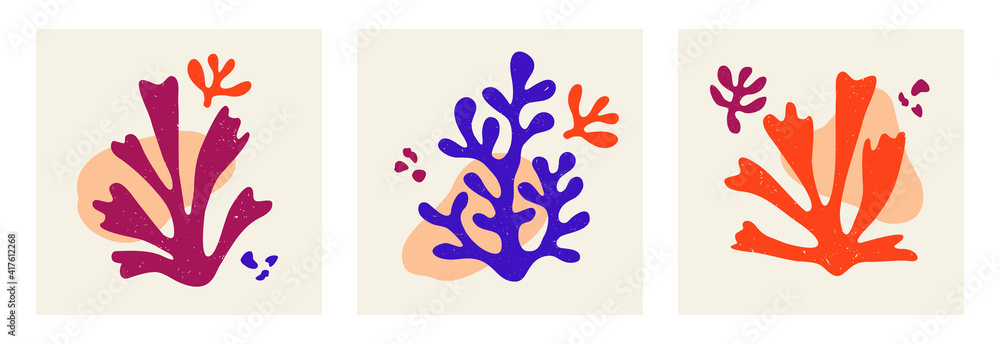 Vector set of contemporary compositions with aesthetic hand drawn abstract leaves and fluid shape forms. Creative Matisse inspired floral illustration. Childish scandinavian background, poster, print