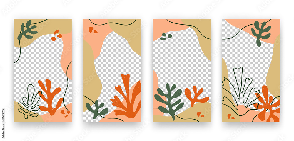 Vector set of social media stories templates with trendy contemporary aesthetic hand drawn abstract leaves and fluid shape forms. Backgrounds with creative Matisse inspired floral illustrations