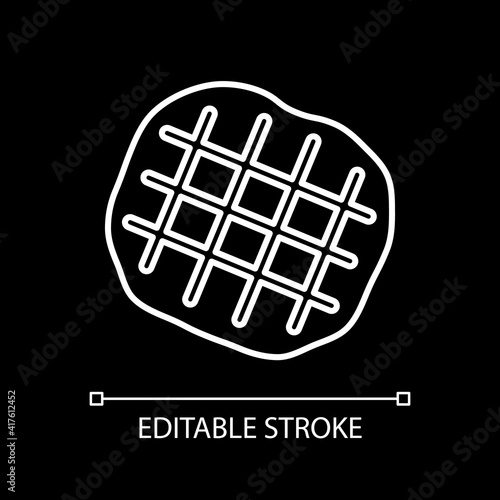 Belgian waffle white linear icon for dark theme. Cut flattened dough. Bakery, pastry. Thin line customizable illustration. Isolated vector contour symbol for night mode. Editable stroke