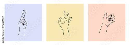 Vector set of female hands in different gestures: heart made with fingers, ok gesture, crossed fingers. Trendy cards design templates for logos or emblems