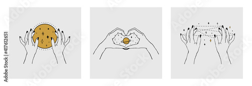 Vector set of cards of women's hands holding planet, moon, stars. Trendy linear and minimal boho tattoo style for logo, emblem, fashion print, sticker, skin care, cosmetics branding