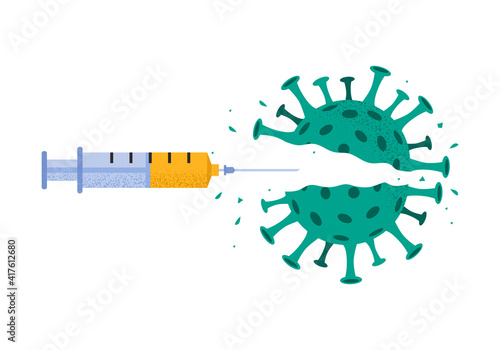 Vector illustration of coronavirus destroyed by injection of medical syringe. Explosion of defeated broken virus isolated on white background. Concept of vaccination covid-19. Victory over pandemic