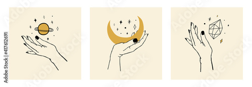 Vector set of cards of women's hands holding planet, moon, stars. Trendy linear and minimal boho tattoo style for logo, emblem, fashion print, sticker, skin care, cosmetics branding