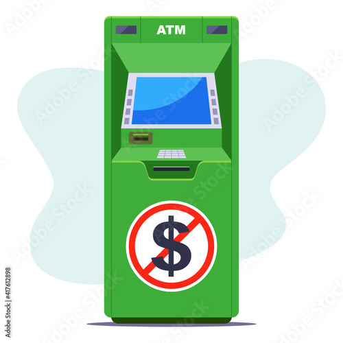 green ATM where there is no cash. shortage of money at the ATM. flat vector illustration.