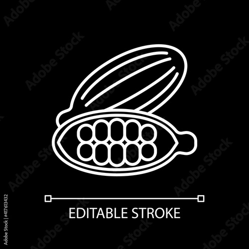 Cocoa beans white linear icon for dark theme. Chocolate production. Cosmetic ingredient. Thin line customizable illustration. Isolated vector contour symbol for night mode. Editable stroke