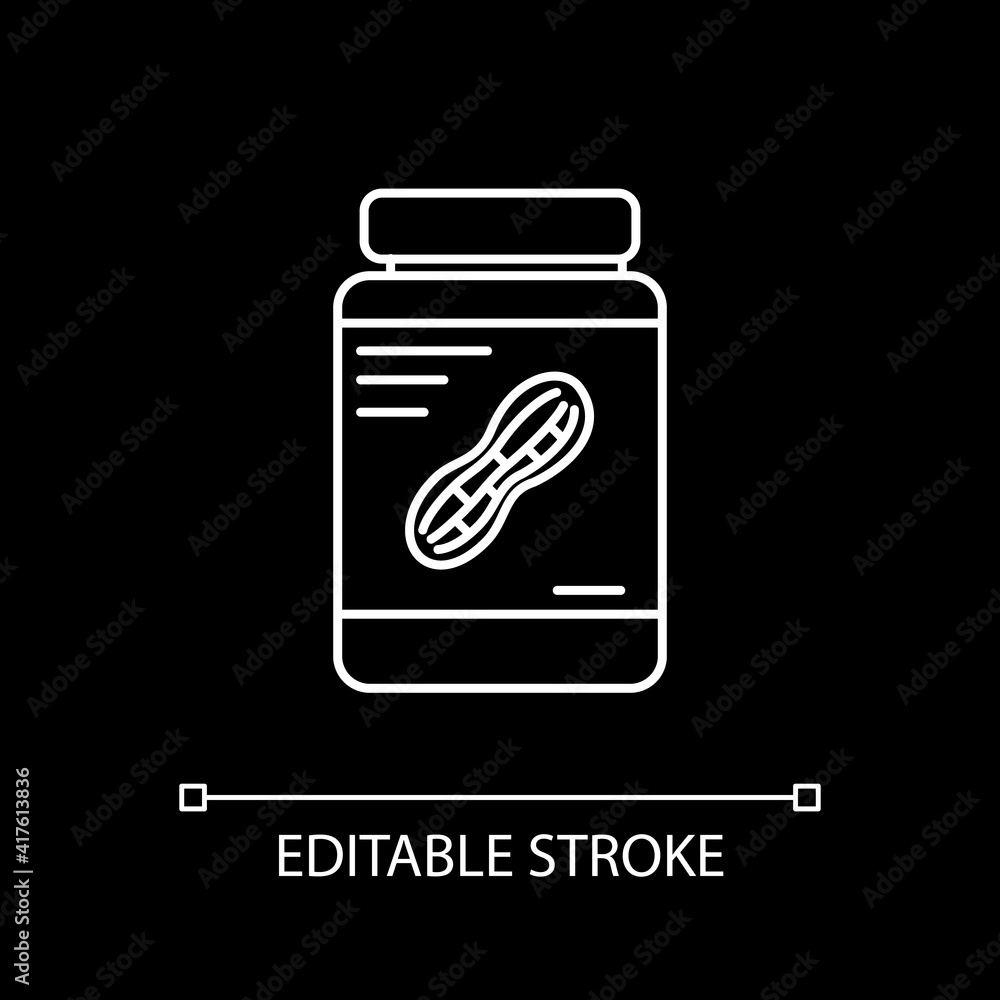 Fototapeta premium Peanut butter white linear icon for dark theme. Nut paste in glass jar. Spread for toast. Thin line customizable illustration. Isolated vector contour symbol for night mode. Editable stroke