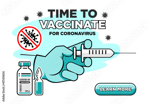 Landing page for coronavirus vaccination site. Drug preparations, vaccine, medical hand with syringe with needle on transparent background. Vector