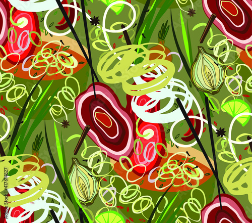 vector illustration pho bo bowl with ingredients. pan-asian cuisine clipart. seamless pattern. vietnamese soup sketch. Asian restaurant, cafe, diner menu, signboard, advertising