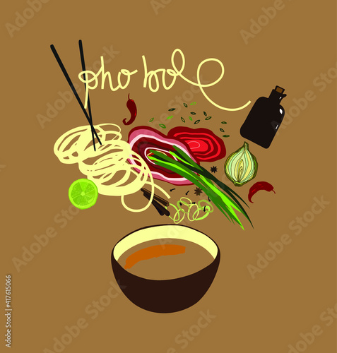 vector illustration pho bo bowl with ingredients. pan-asian cuisine clipart, noodles, beef, lime, onion, spices. vietnamese soup sketch. Asian restaurant, cafe, diner menu, signboard, advertising