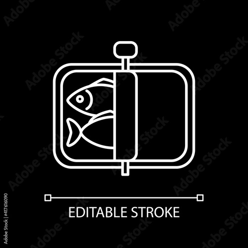 Canned sardine white linear icon for dark theme. Opened tin of fish. Preserved seafood. Thin line customizable illustration. Isolated vector contour symbol for night mode. Editable stroke