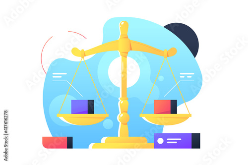 Red and blue cubic object on libra or scales.