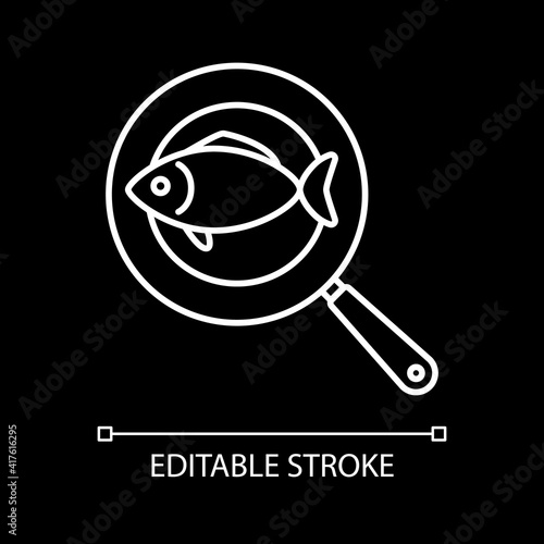 Fish on frying pan white linear icon for dark theme. Cooking tuna. Grilling tuna. Roasted salmon. Thin line customizable illustration. Isolated vector contour symbol for night mode. Editable stroke