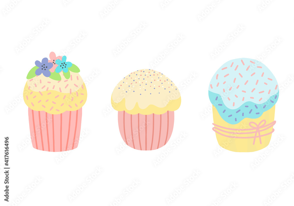 Easter cake set.Design for Easter,Birthday, holidays.Vector flat illustration Easter cake set.Design for Easter,Birthday, holidays.Vector flat illustration