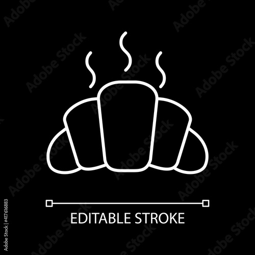 Fresh croissant white linear icon for dark theme. Hot pastry. Bakery goods. French cuisine. Thin line customizable illustration. Isolated vector contour symbol for night mode. Editable stroke
