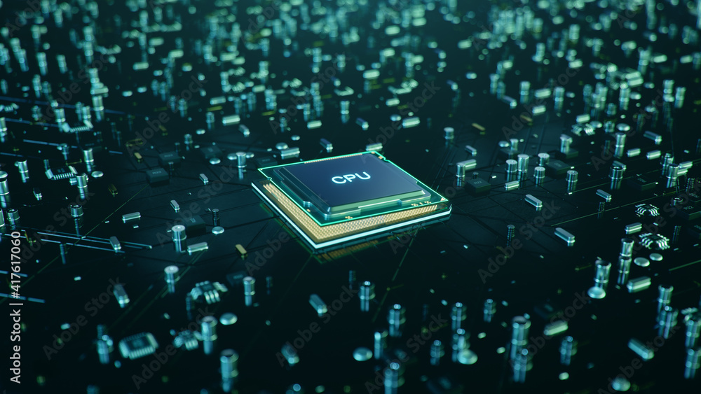 Technological background with CPU and circuit board. Flying CPU and ...