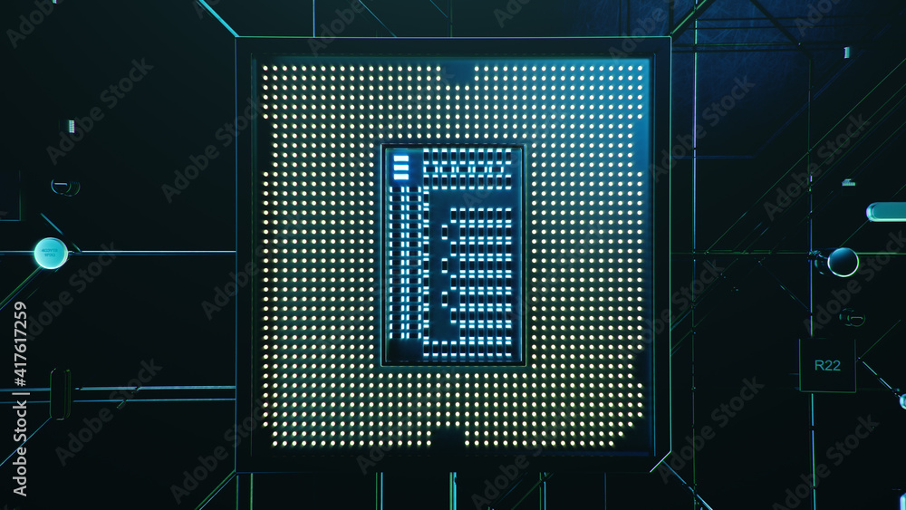 Technological background with CPU and circuit board. Flying CPU and ...