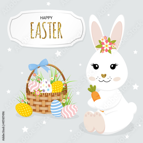Happy Easter greeting card with cute bunny and basket with easter eggs.