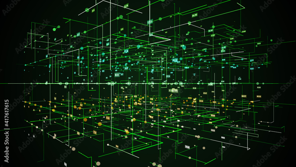 Futuristic Green Digital HUD 3D Geometry Corner Grid With Circles And Random Numbers Inside Rectangle Background Illustration