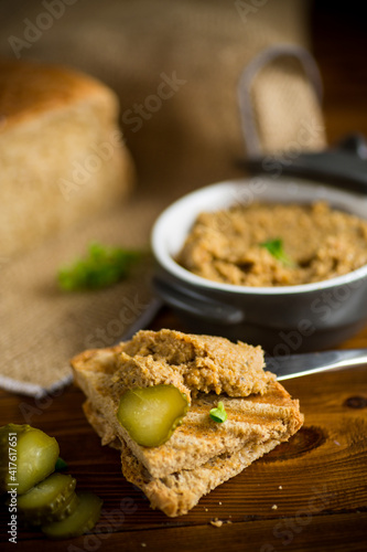 fried buckwheat croutons with cooked homemade pate