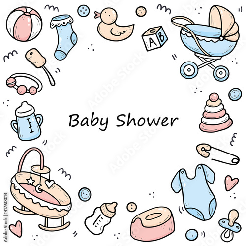 Hand drawn frame of baby shower things, toy, rattle, milk bootle, clothes. Doodle sketch style. Baby element drawn by digital pen. Illustration for banner, background, frame design template.