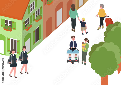 人々の暮らし　アイソメ風街並みのイラスト