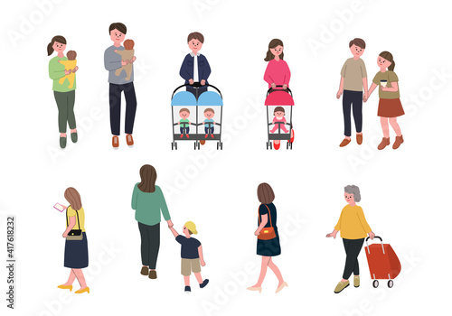 街を歩いている人のイラストセット