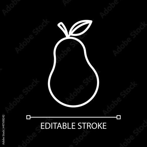 Pear white linear icon for dark theme. Ripe fruit. Fresh food. Nutrient product for dietary. Thin line customizable illustration. Isolated vector contour symbol for night mode. Editable stroke
