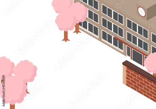 Wallpaper Mural 桜の咲く校舎のアイソメイラスト Torontodigital.ca