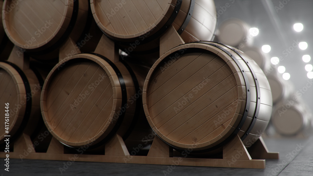 Barrels of wine, whiskey, bourbon liqueur or cognac in the basement. Aging of alcohol in oak barrels in warehouse. Wine, beer, whiskey casks stacked in a cellar, 3D illustration