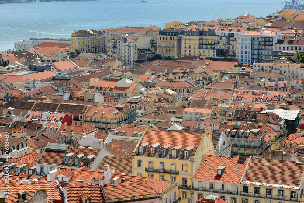 Lisbon Baixa district skyline and historic buildings aerial view, from Castelo de Sao Jorge in city of Lisbon, Portugal.