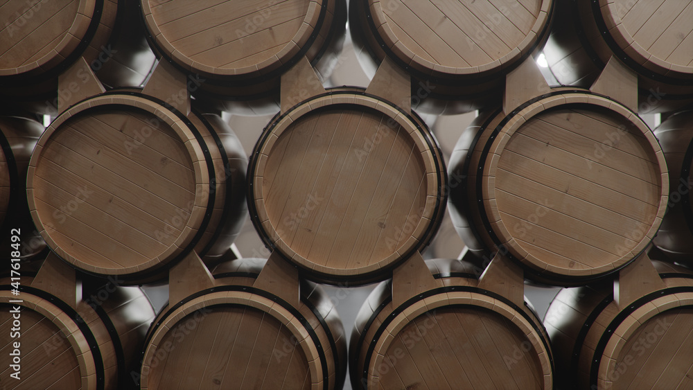 Barrels of wine, whiskey, bourbon liqueur or cognac in the basement. Aging of alcohol in oak barrels in warehouse. Wine, beer, whiskey casks stacked in a cellar, 3D illustration Barrels of wine, whiskey, bourbon liqueur or cognac in the basement. Aging of alcohol in oak barrels in warehouse. Wine, beer, whiskey casks stacked in a cellar, 3D illustration